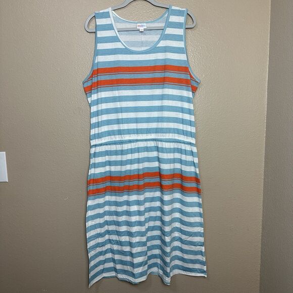 LuLaRoe Tank Dress Woman’s Size 3XL Blue Orange White Striped Soft Stretch Knit - Picture 1 of 6